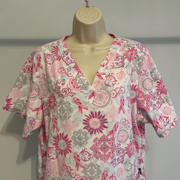 Tafford V Neck Medical Scrub Top Breast Cancer Ribbon design Medium - Picture 2 of 8